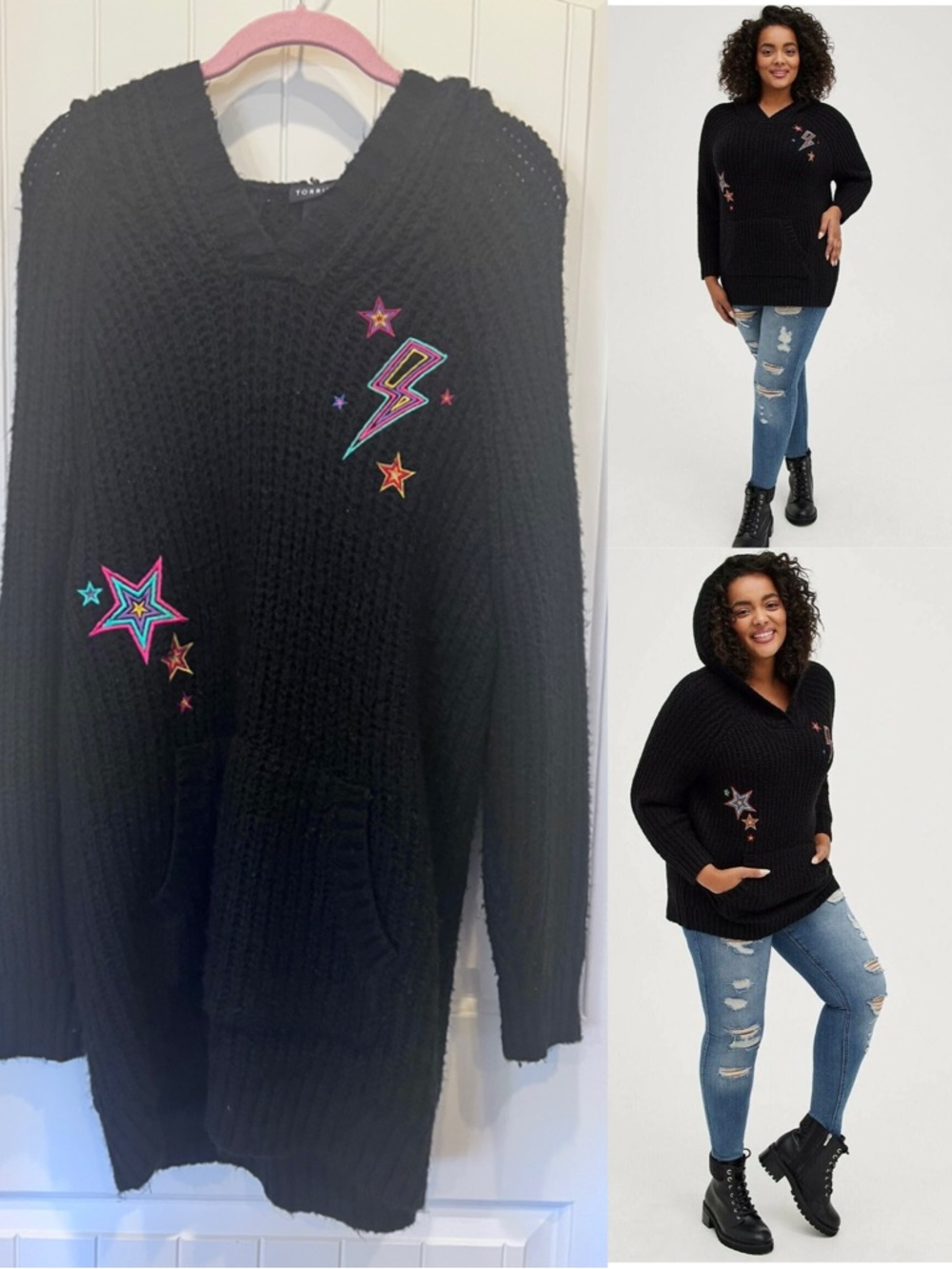 Torrid Women's Black Raglan Hoodie Sweater Embroidered Star Lightening Bolt  2X